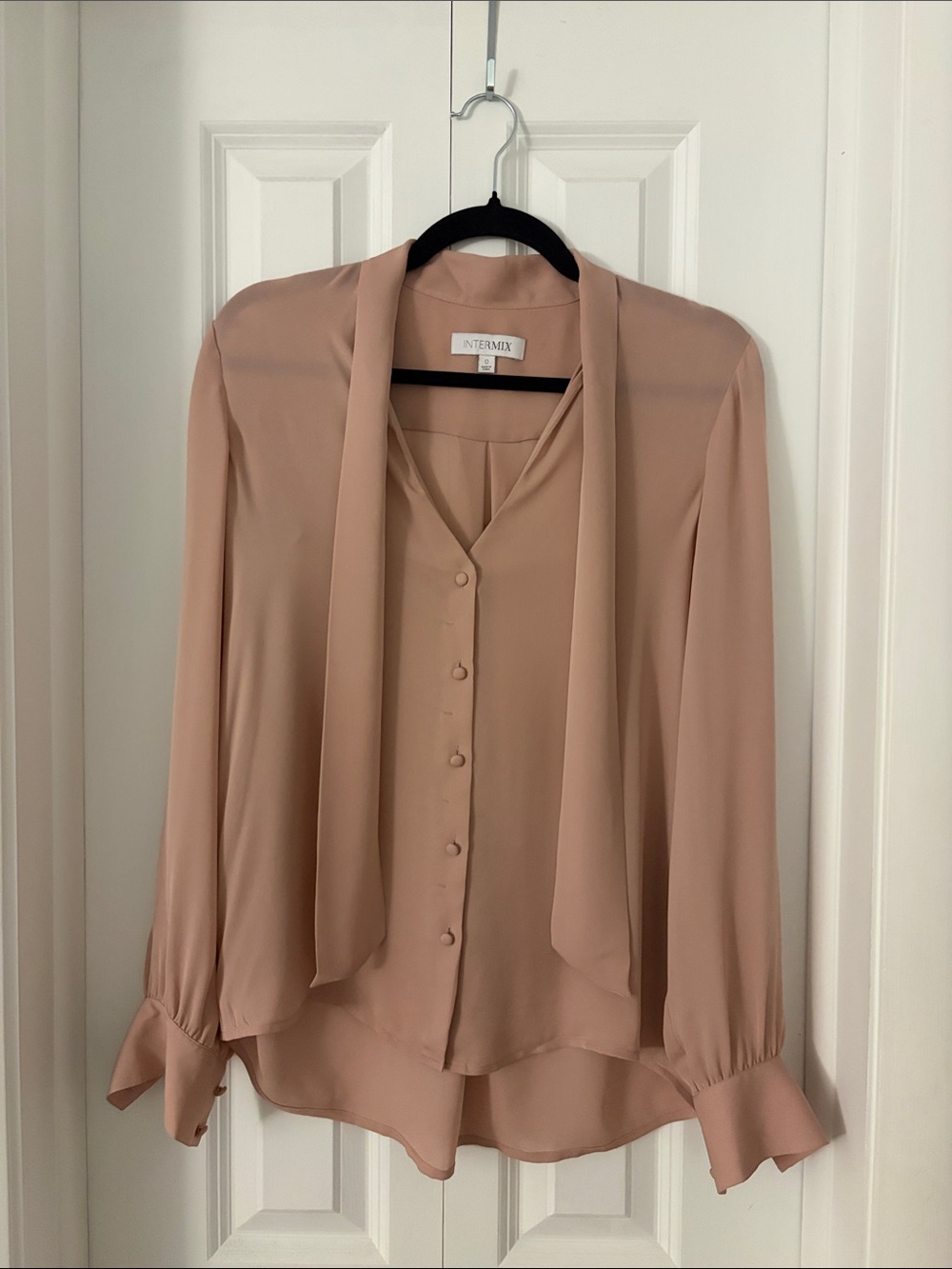 INTERMIX Blush Tie-Neck Button-Front Blouse